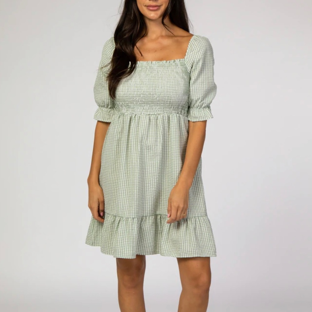 Pink Blush gingham print smocked bodice dress